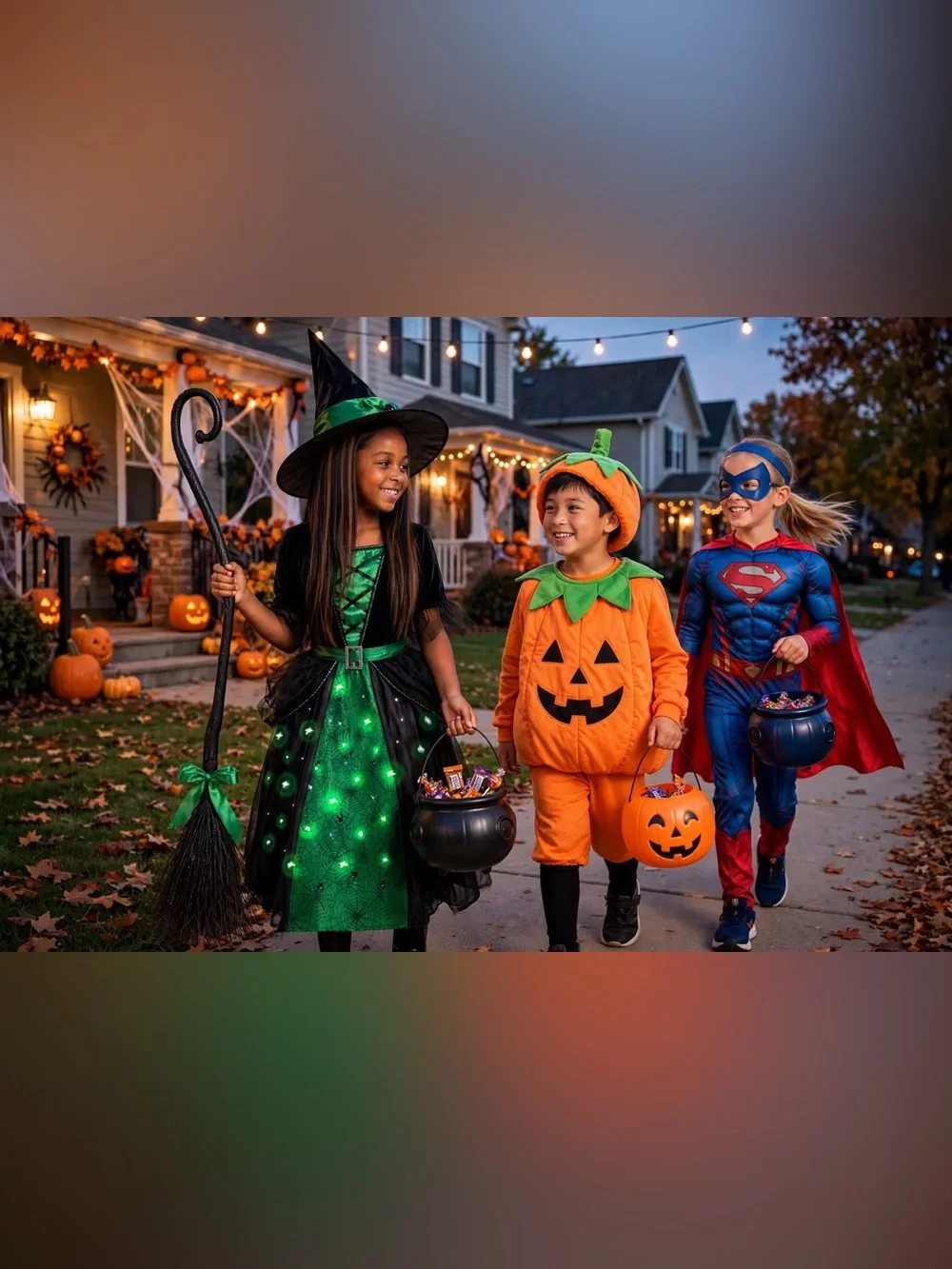 Poshetion Girls Witch Costumes, Light Up Halloween Witch Dress with Witch Broom